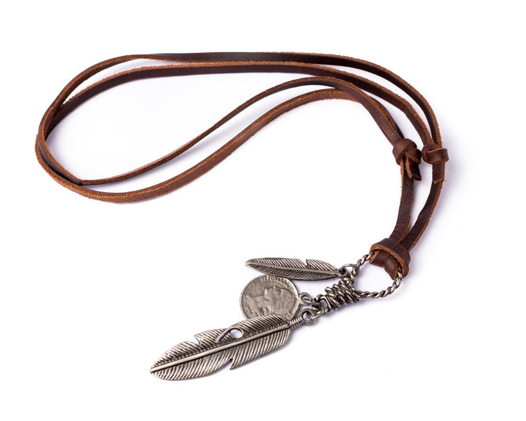 Leather Necklace Feathers Charm - Brown