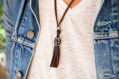 Leather Necklace Skull Charm- Leather Stripes - boom-ibiza