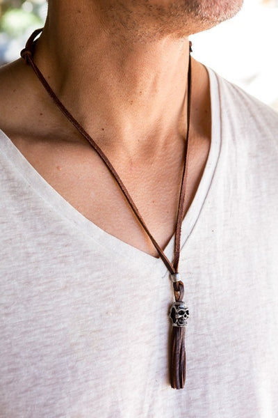 Leather Necklace Skull Charm- Leather Stripes - boom-ibiza