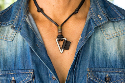 Leather Necklace Triangle Charm - Black - boom-ibiza