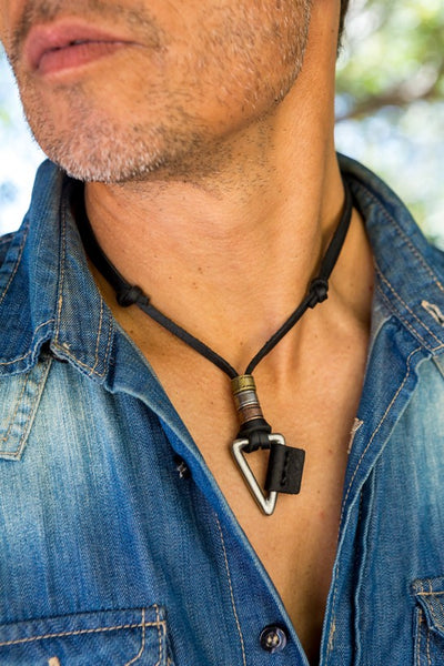 Leather Necklace Triangle Charm - Black - boom-ibiza
