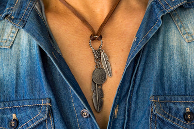 Leather Necklace Feathers Charm - Brown - boom-ibiza
