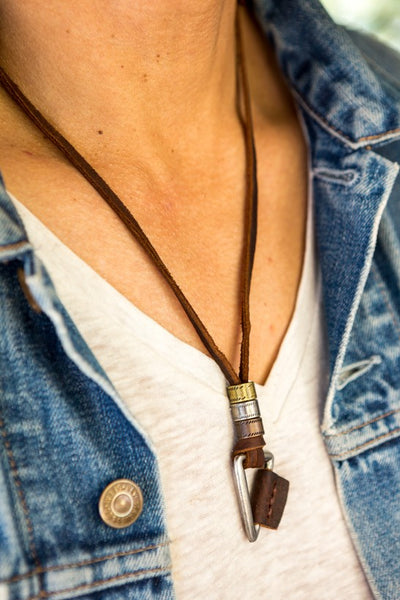 Leather Necklace Triangle Charm - Brown - boom-ibiza