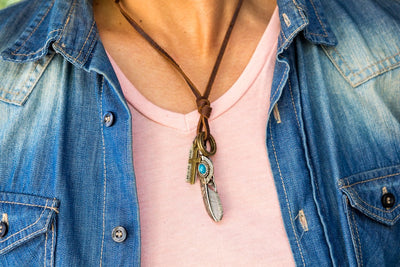 Leather Necklace with Feather Turquoise Stone Charm - boom-ibiza