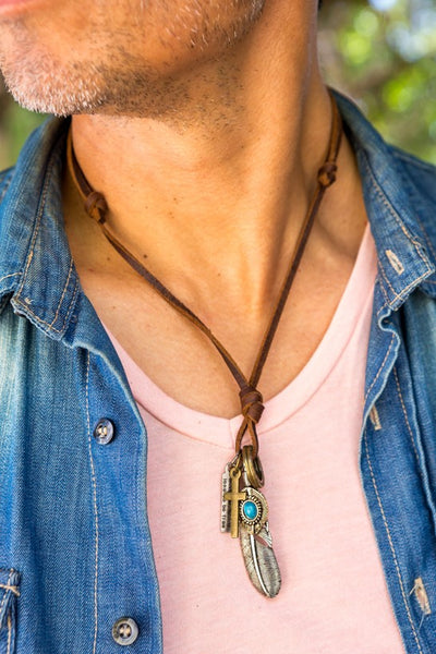 Leather Necklace with Feather Turquoise Stone Charm - boom-ibiza