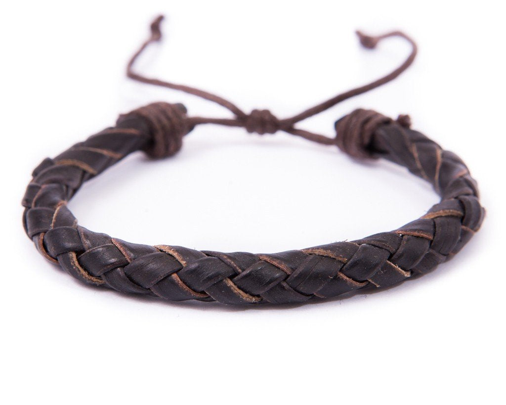 leather bracelet braided round - dark brown