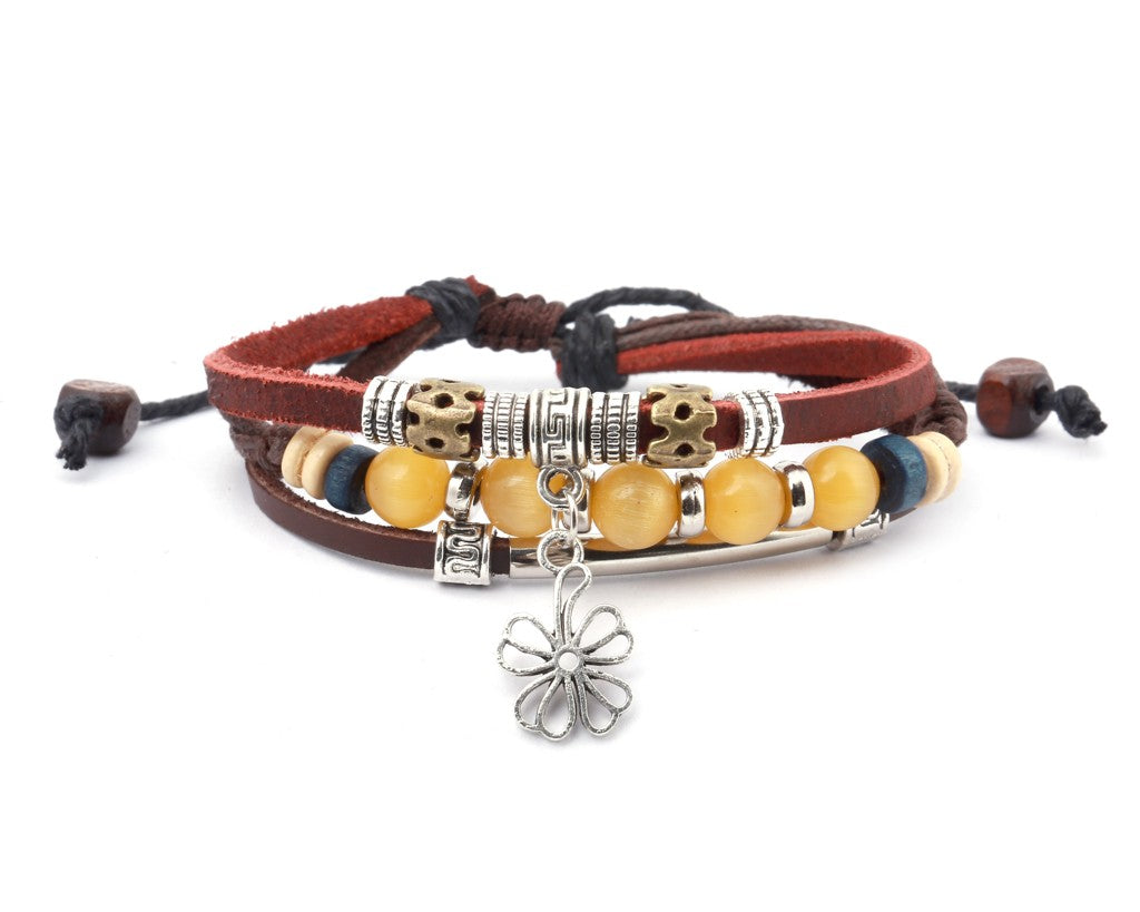 leather multistrand bracelet flower charm