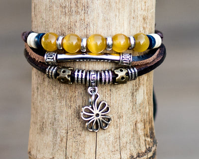 leather multistrand bracelet flower charm - boom-ibiza