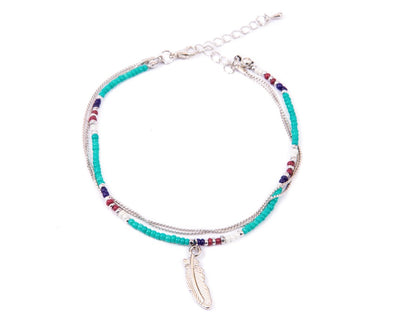 Anklet - Double Strand Turquoise Feather Charm - boom-ibiza