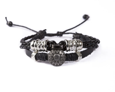 Leather Multistrand Bracelet - Black Flower B - boom-ibiza