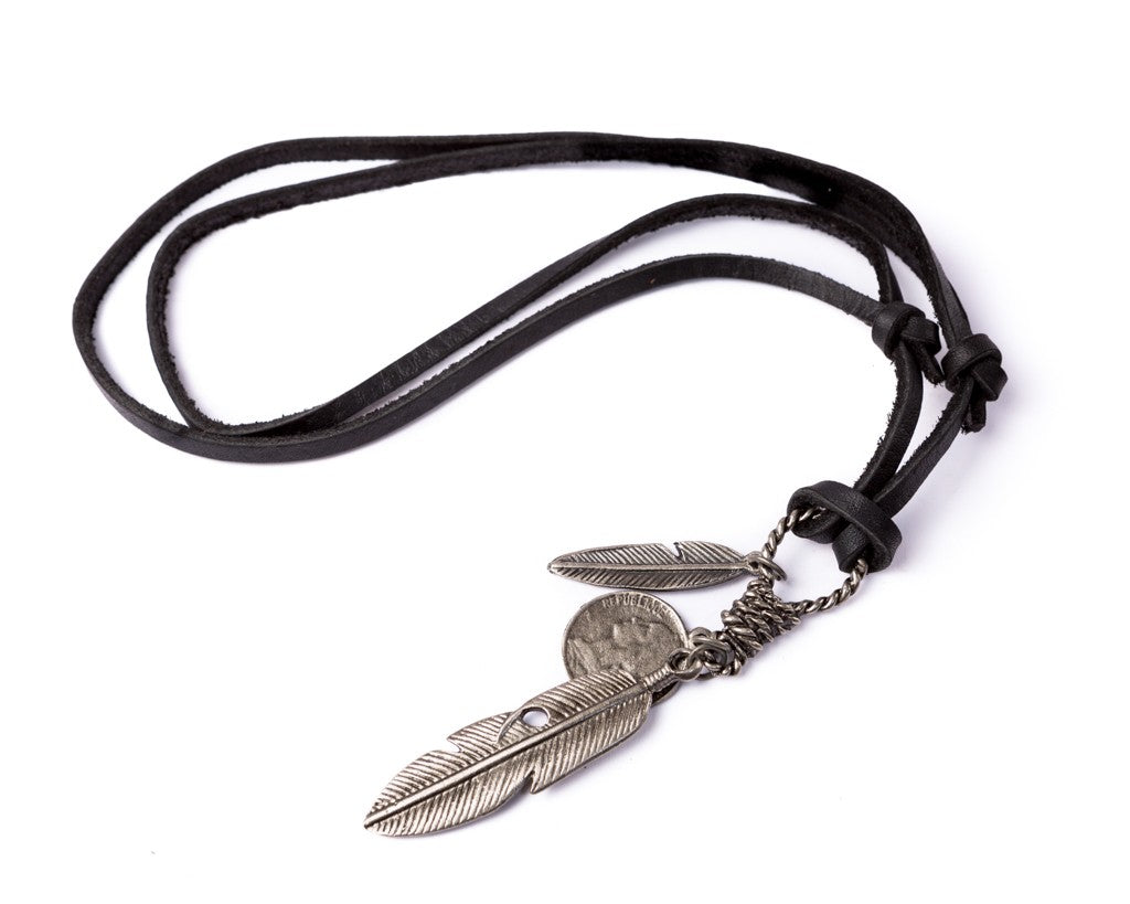 Leather Necklace Feathers Charm - Black