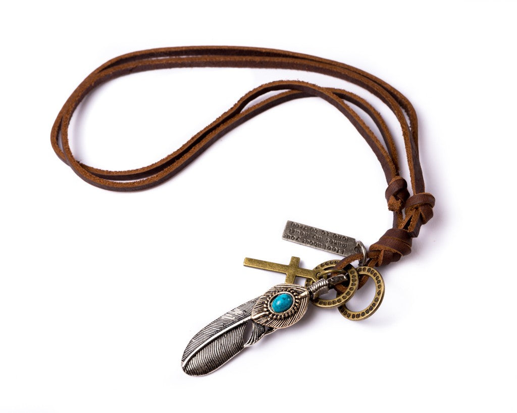 Leather Necklace with Feather Turquoise Stone Charm