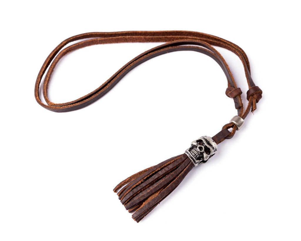 Leather Necklace Skull Charm- Leather Stripes - boom-ibiza