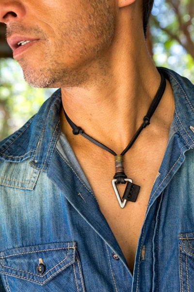 Leather Necklace Triangle Charm - Black - boom-ibiza