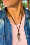 Leather Necklace with Feather Turquoise Stone Charm - boom-ibiza