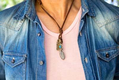 Leather Necklace with Feather Turquoise Stone Charm - boom-ibiza