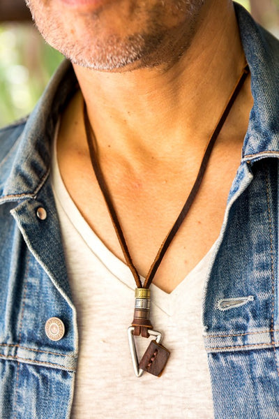 Leather Necklace Triangle Charm - Brown - boom-ibiza