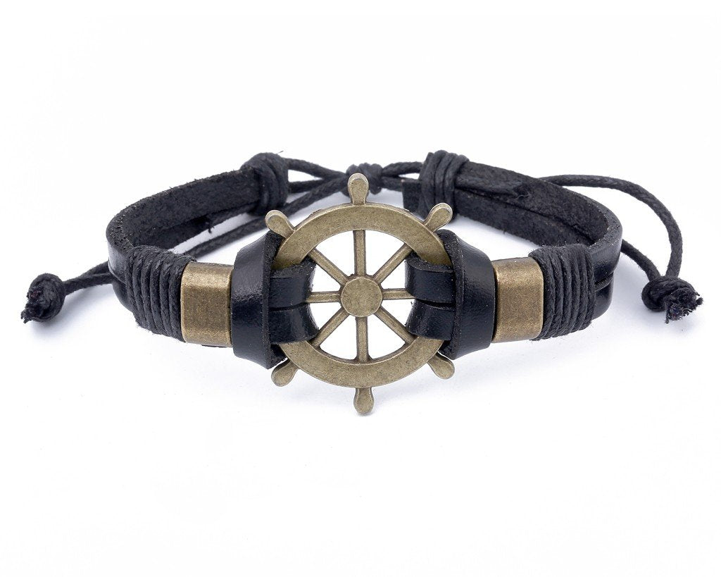 Leather Bracelet Large Brass Ship Wheel - boom-ibiza