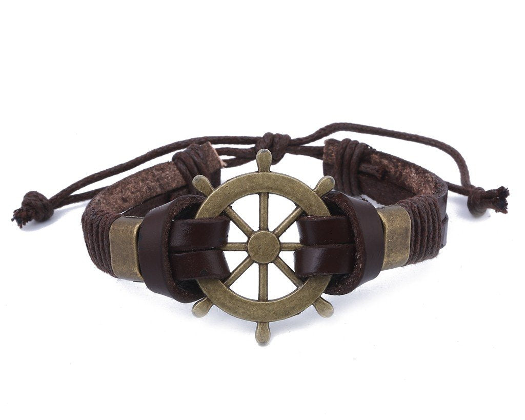 Leather Bracelet Large Brass Ship Wheel - boom-ibiza
