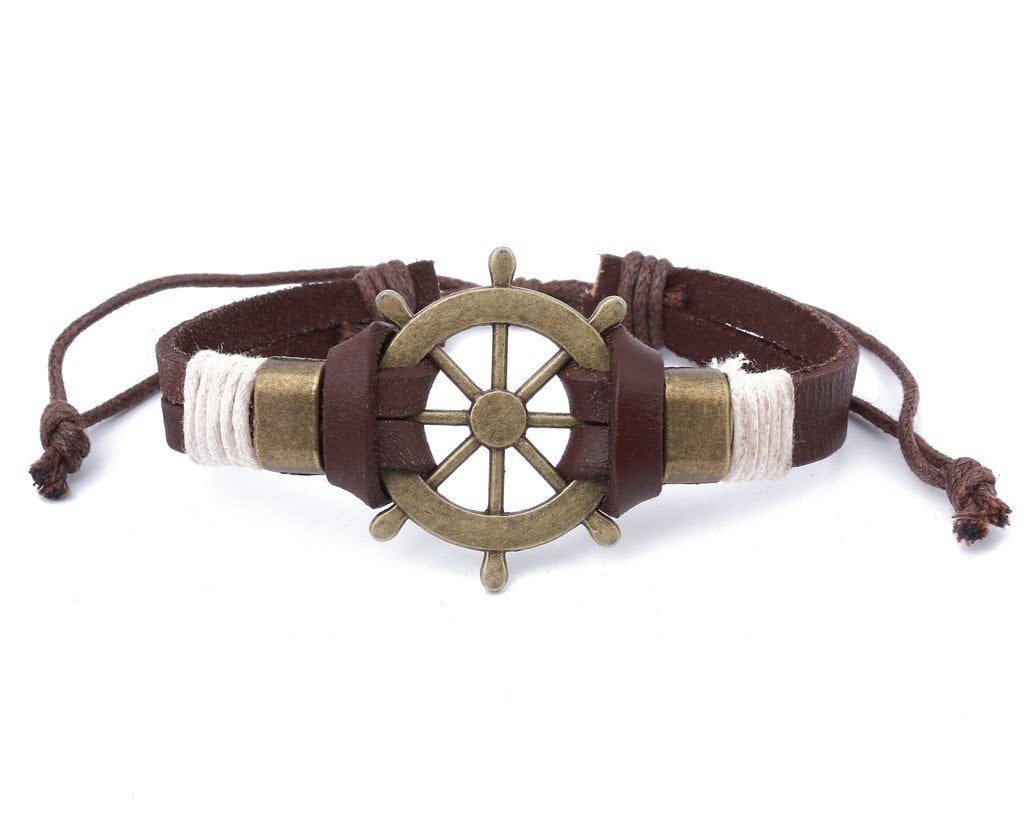 Leather Bracelet Large Brass Ship Wheel - boom-ibiza