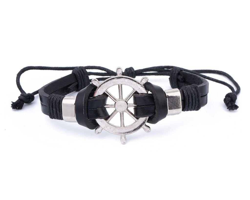 Leather Bracelet Large metal Ship Wheel - boom-ibiza