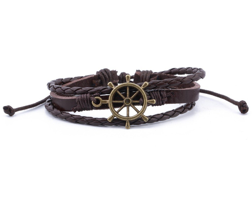 Leather Multistrand Bracelet brass Ship Wheel - boom-ibiza