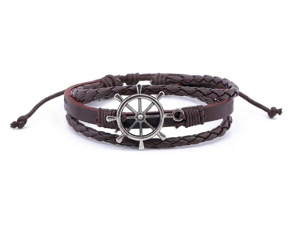 Leather Multistrand Bracelet metal Ship Wheel - boom-ibiza