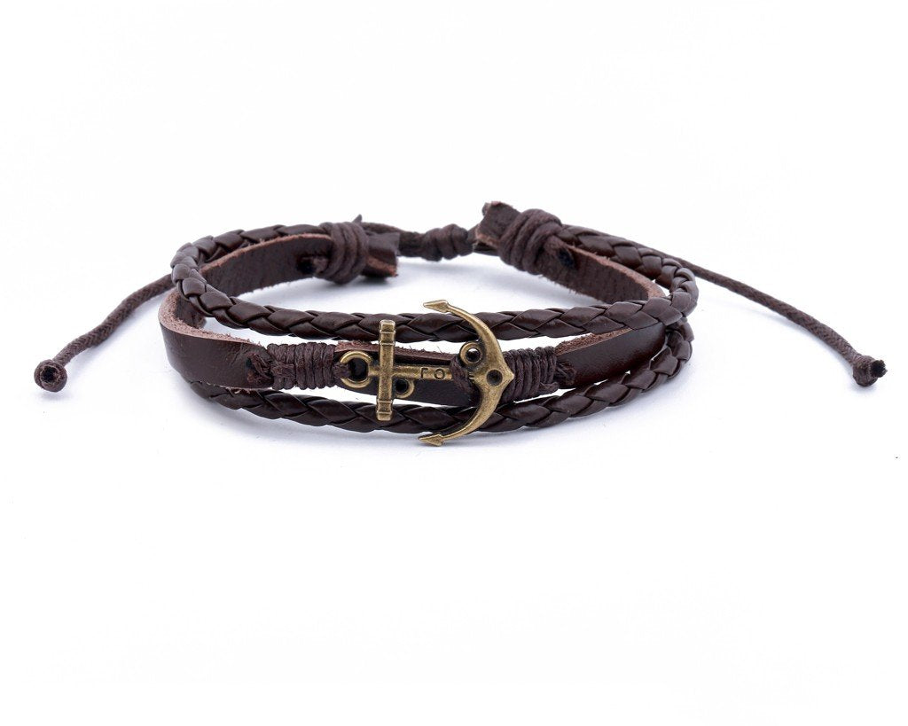 Leather Multistrand Bracelet brass anchor - boom-ibiza