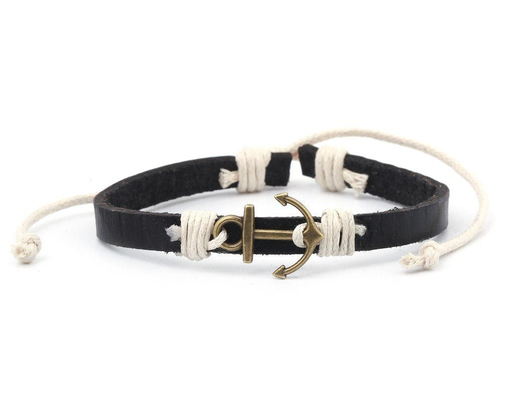 Leather Bracelet Brass anchor black