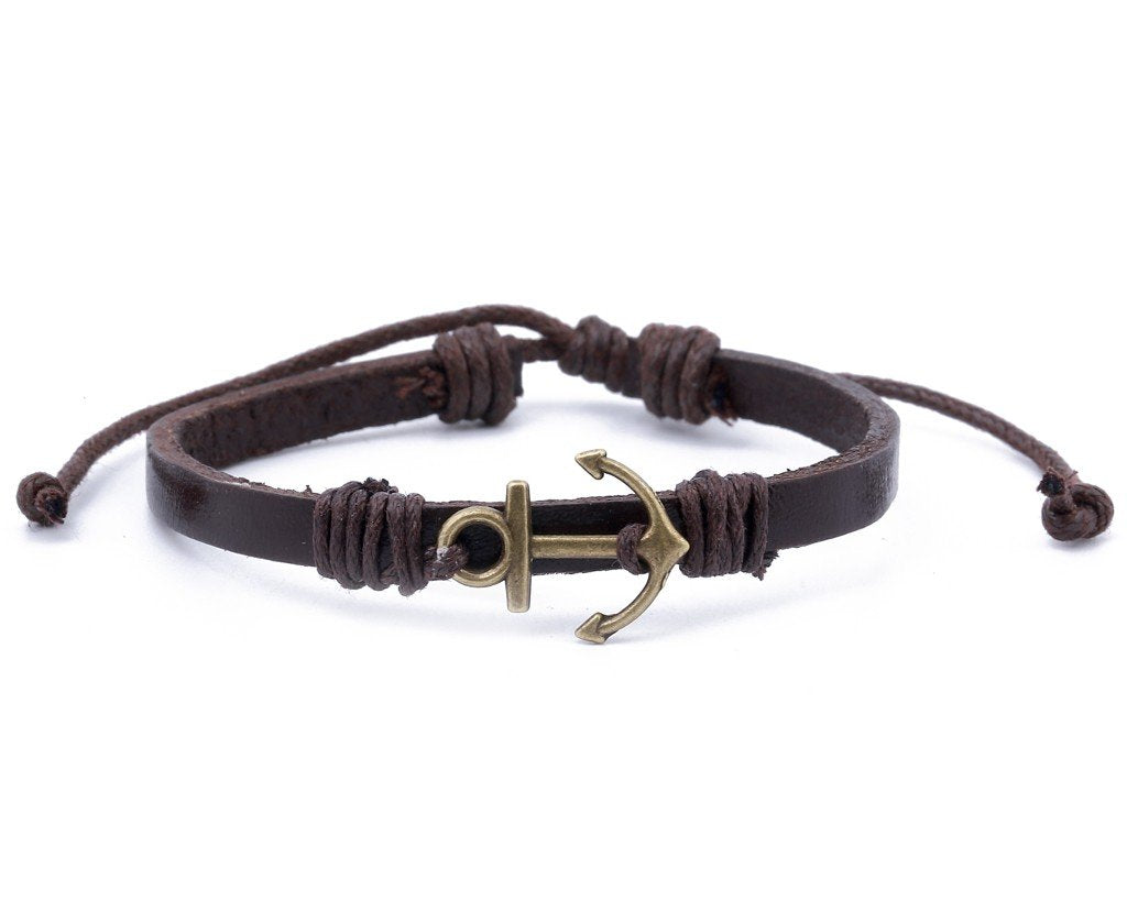 Leather Bracelet Brass anchor brown