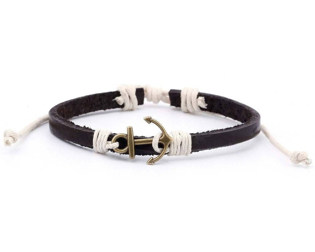 Leather Bracelet Brass anchor brown - boom-ibiza