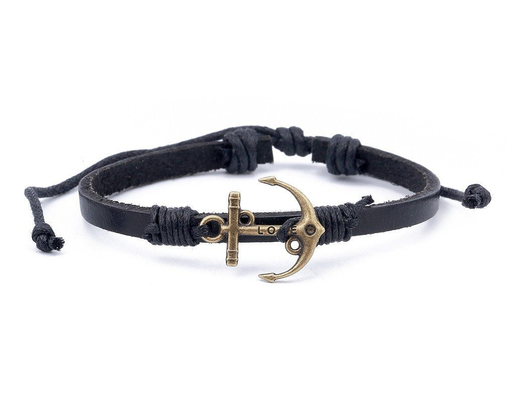 Leather Bracelet Brass love anchor Black