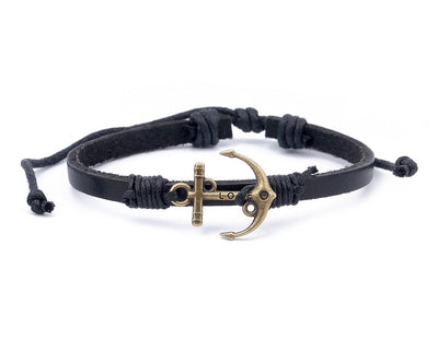 Leather Bracelet Brass love anchor Black - boom-ibiza