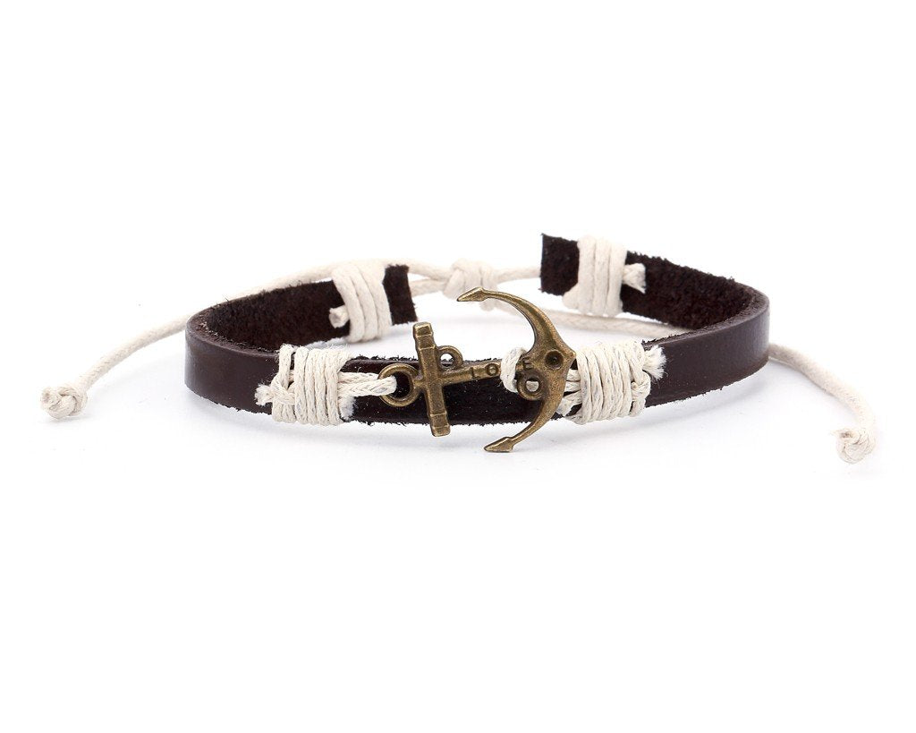 Leather Bracelet Brass love anchor brown