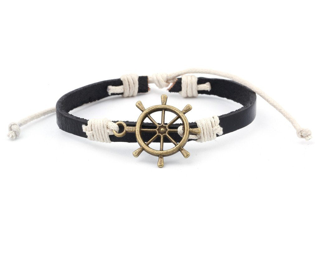 Leather Bracelet Brass Ship Wheel brown - boom-ibiza