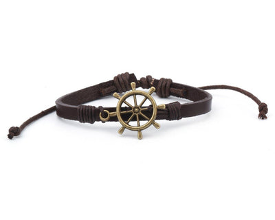 Leather Bracelet Brass Ship Wheel brown - boom-ibiza