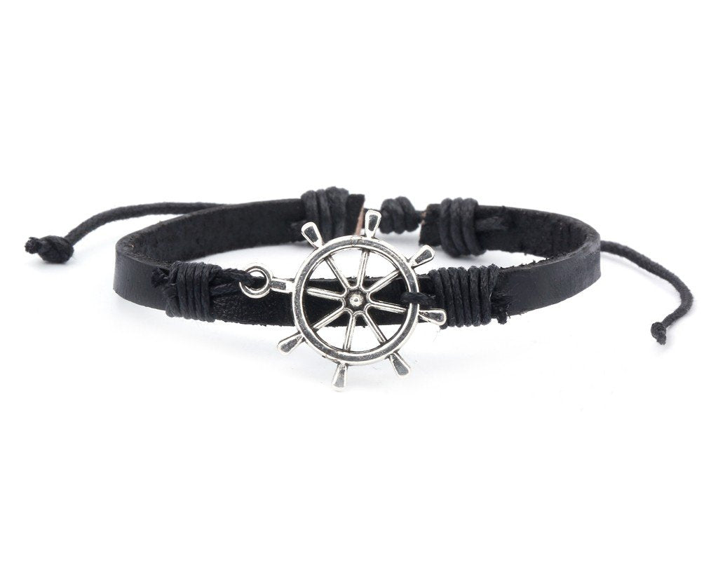 Leather Bracelet metal Ship Wheel black - boom-ibiza