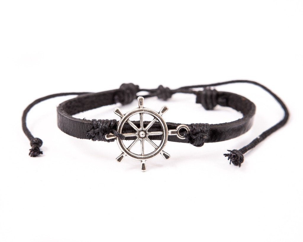 Leather Bracelet metal Ship Wheel brown - boom-ibiza