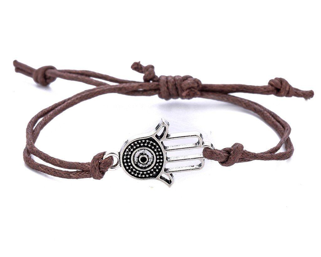 String Bracelet Metal Hamsa - Brown