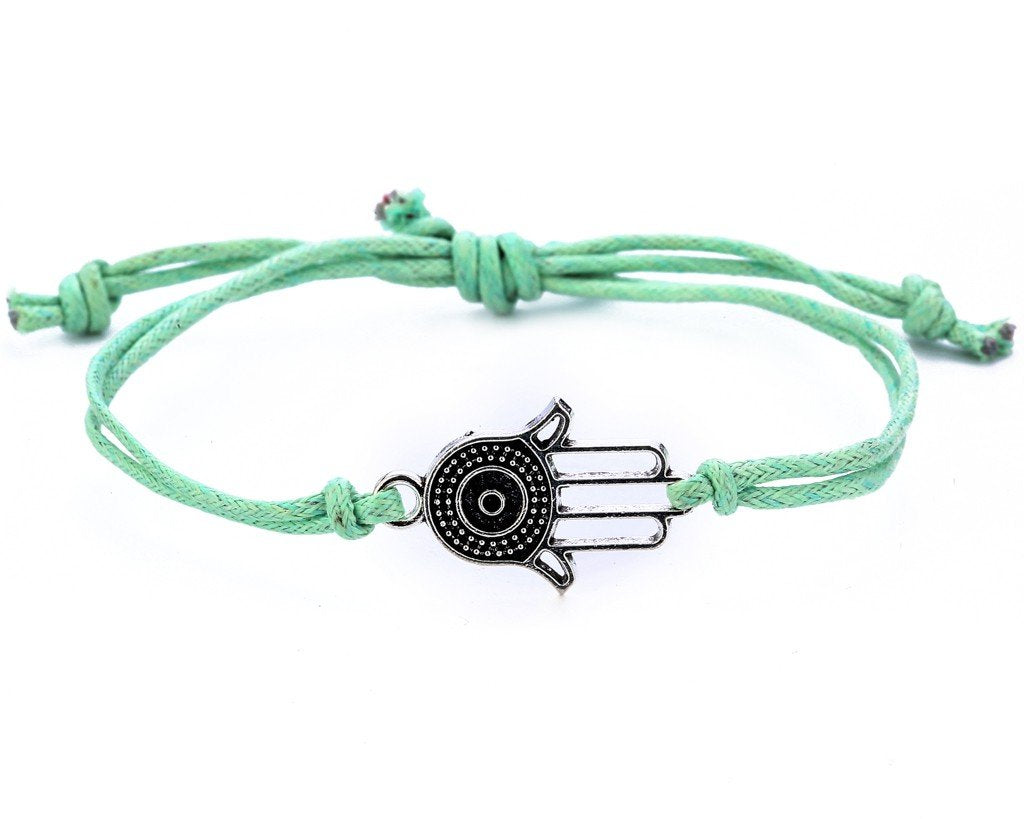 String Bracelet Metal  Hamsa - Green
