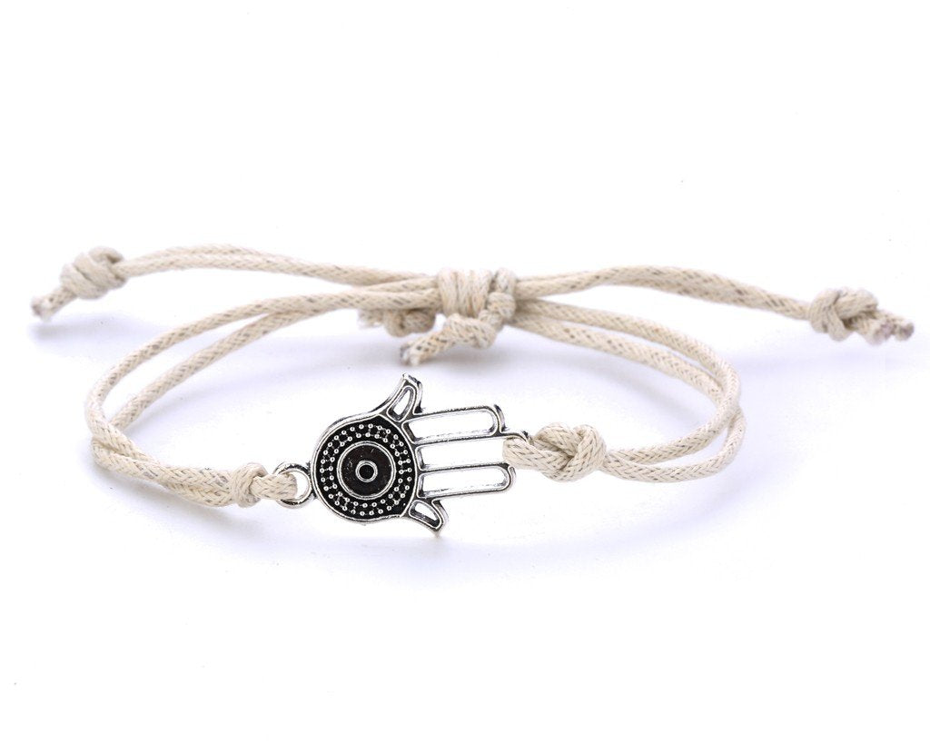 String Bracelet Metal  Hamsa - White