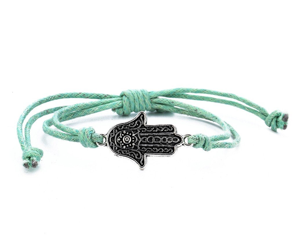 String Bracelet Metal Hamsa - Green