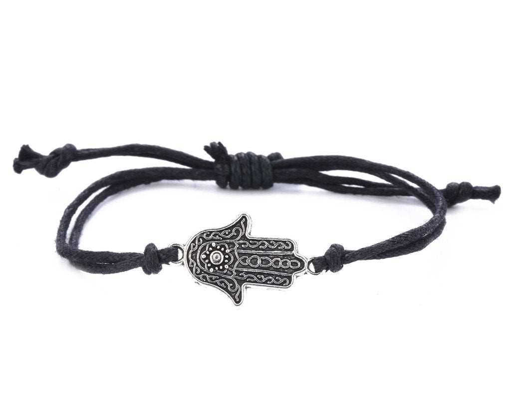 String Bracelet Metal Hamsa - Black