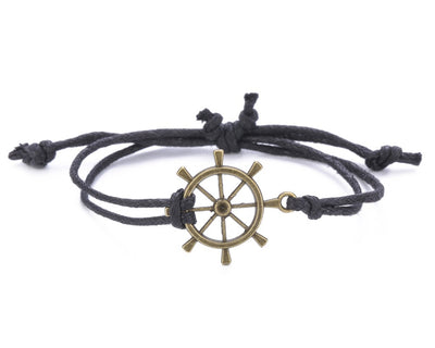 String Bracelet Brass Ship Wheel - Black - boom-ibiza