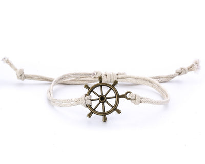 String Bracelet Brass Ship Wheel - White - boom-ibiza