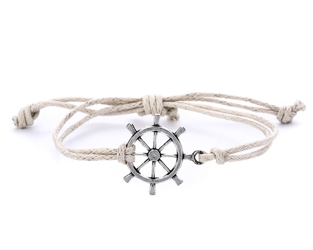 String Bracelet Metal Ship Wheel - White - boom-ibiza