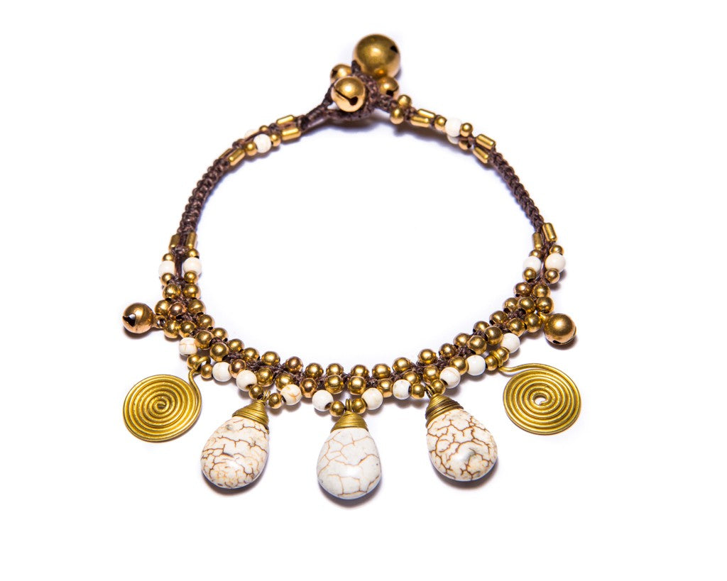 Anklet  -  Braided Brass Bells & White Agate Anklet