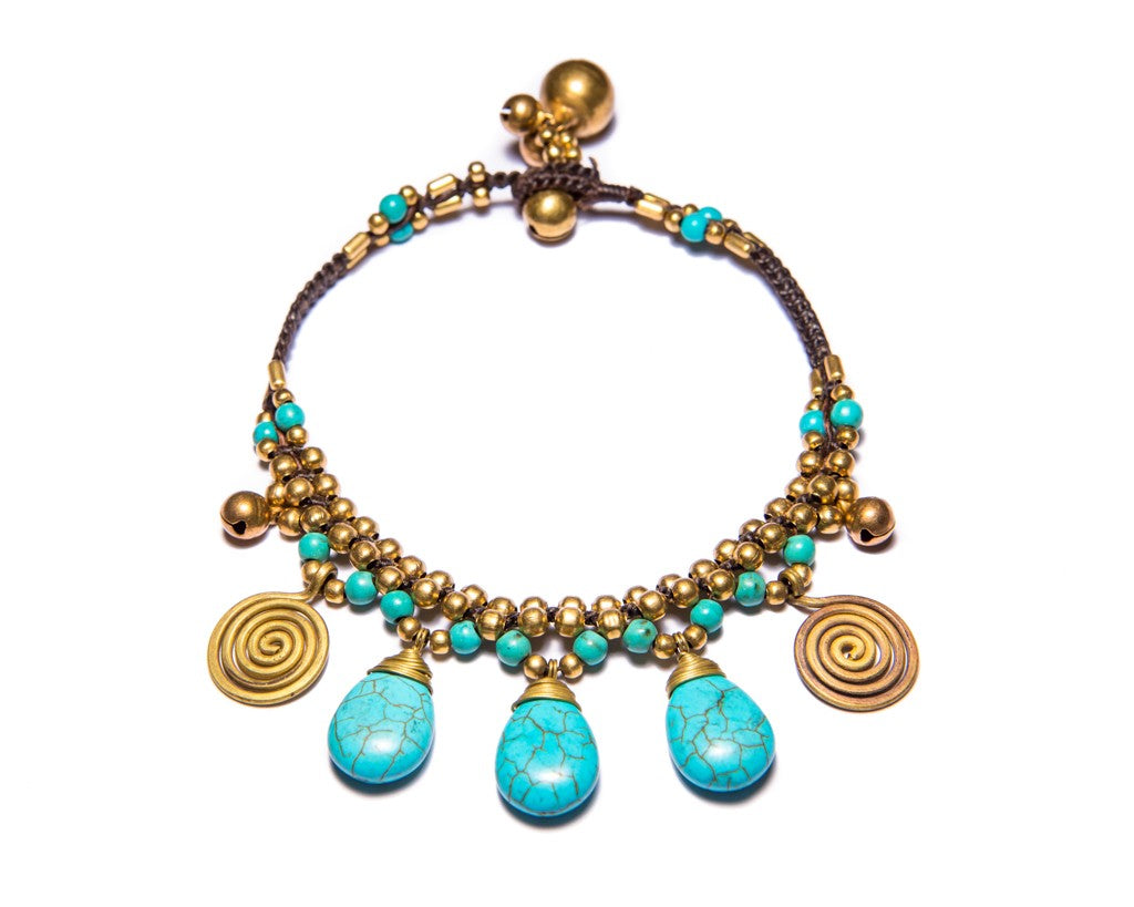 Anklet  -  Braided Brass Bells & Turquoise Anklet