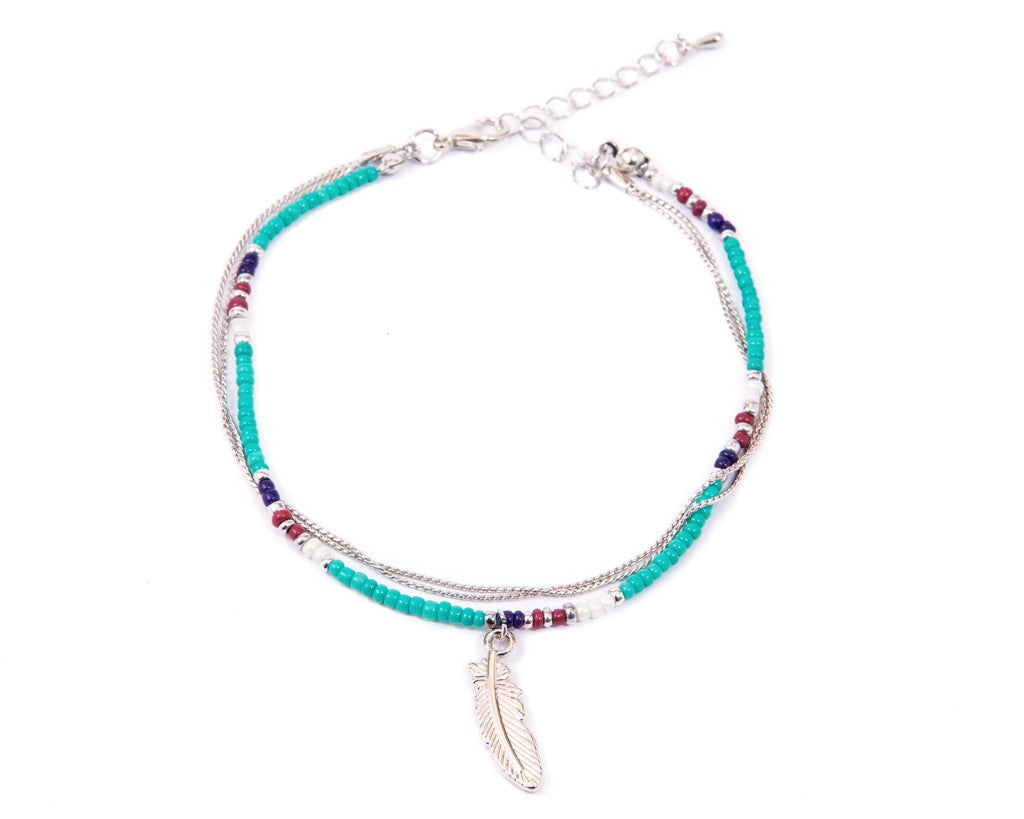Anklet  - Double Strand Turquoise Feather Charm