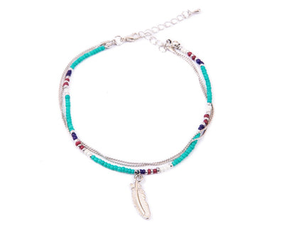 Anklet  - Double Strand Turquoise Feather Charm - boom-ibiza
